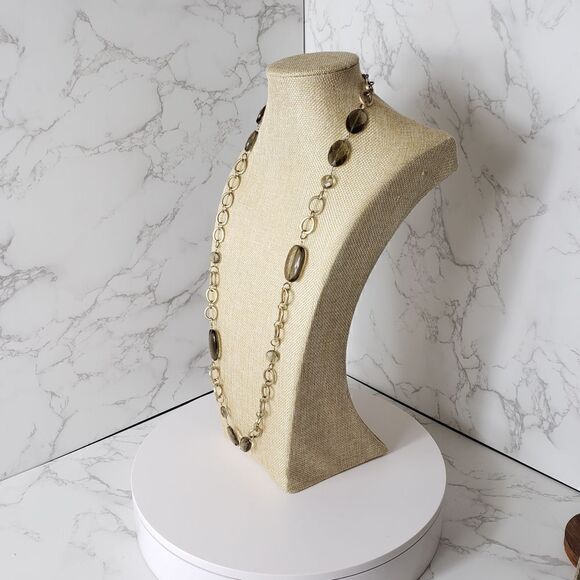 LONG Matte Gold Necklace Smokey Glass Beads - Picture 2 of 7